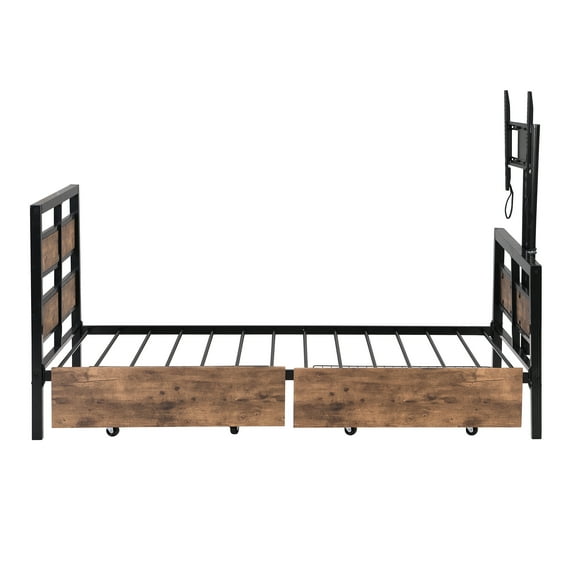 Twin Size Metal Platform Bed With MDF Heardboard Footboard Two Storage Drawers Rotatable TV Stand Industrial Modern Bed No Box Spring Needed Mattress Support For Bedroom