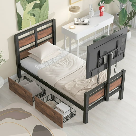 Twin Size Metal Platform Bed With MDF Heardboard Footboard Two Storage Drawers Rotatable TV Stand Industrial Modern Bed No Box Spring Needed Mattress Support For Bedroom