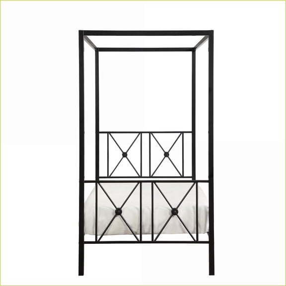 Twin Size Metal Platform Canopy Bed Frame - Black Finish, No Box Spring Needed, Modern Traditional Style for Bedroom
