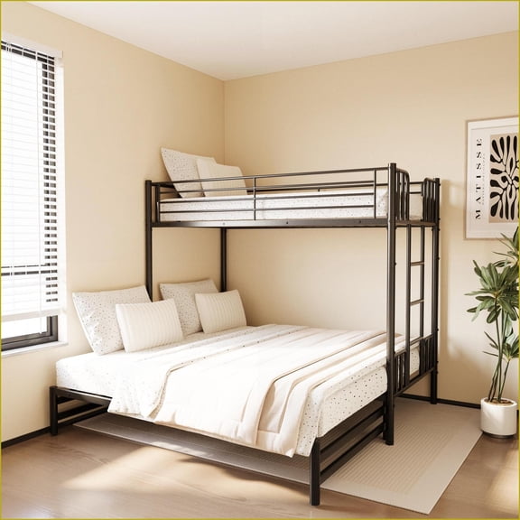 Twin Size Metal Pull-Out Bunk Bed Frame with Guardrail & Ladder - Space-Saving Convertible Black for Bedroom