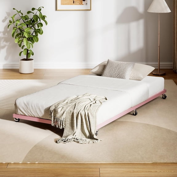 Twin Size Metal Roll Out Trundle Bed Frame with Wheels and Slats Support, Pink
