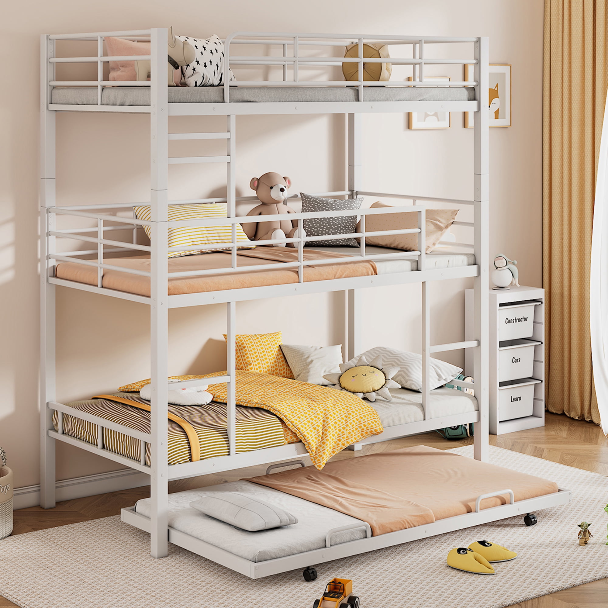 Twin Size Metal Triple Bunk Bed with Trundle - 4-in-1 Space-Saving ...