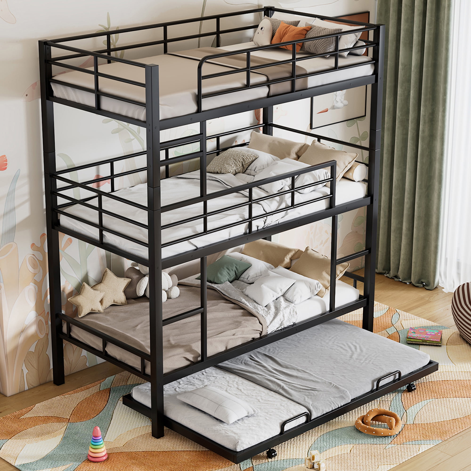 Twin Size Metal Triple Bunk Bed with Trundle - 4-in-1 Space-Saving ...