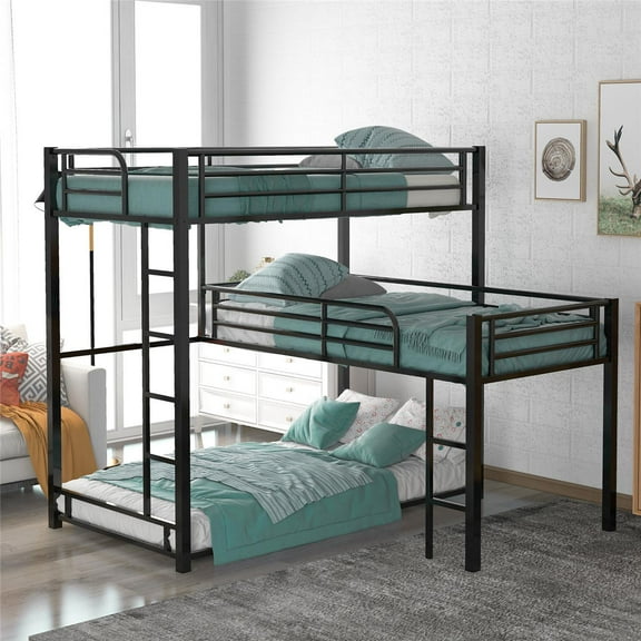 Twin Size Metal Triple Bunk Bed for Bedroom, Bunk Bed Frame with 2 Ladders and Full-Length Guardrail, Space-Saving, No Box Spring Needed, Black