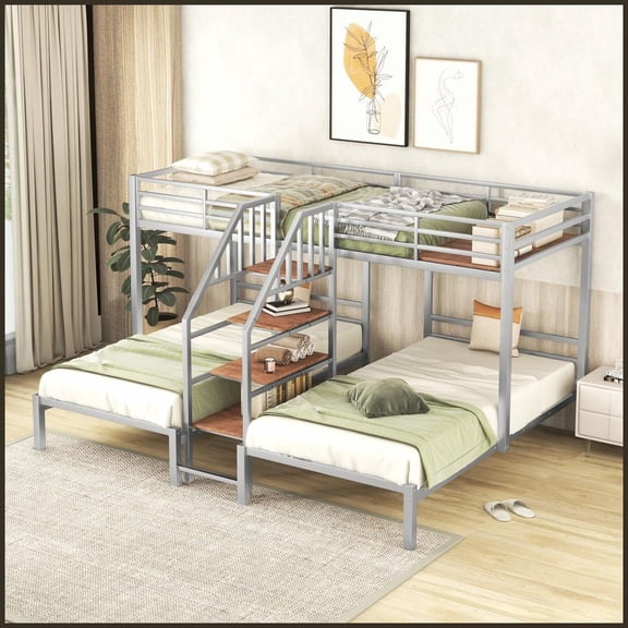 Twin Size Metal Triple Bunk Bed with Storage Staircase - No Box Spring Needed, Silver Space-Saver