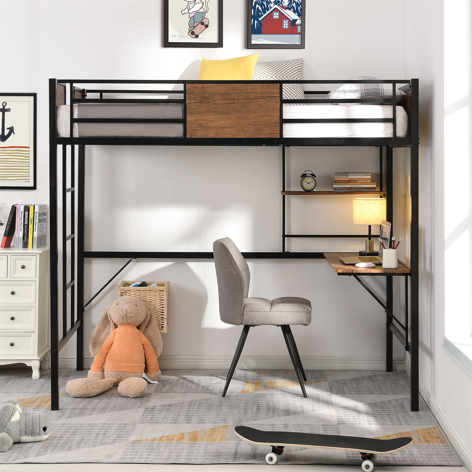Twin Size Metel Loft Bed with Desk and Storage Shelves, Steel Loft Bed