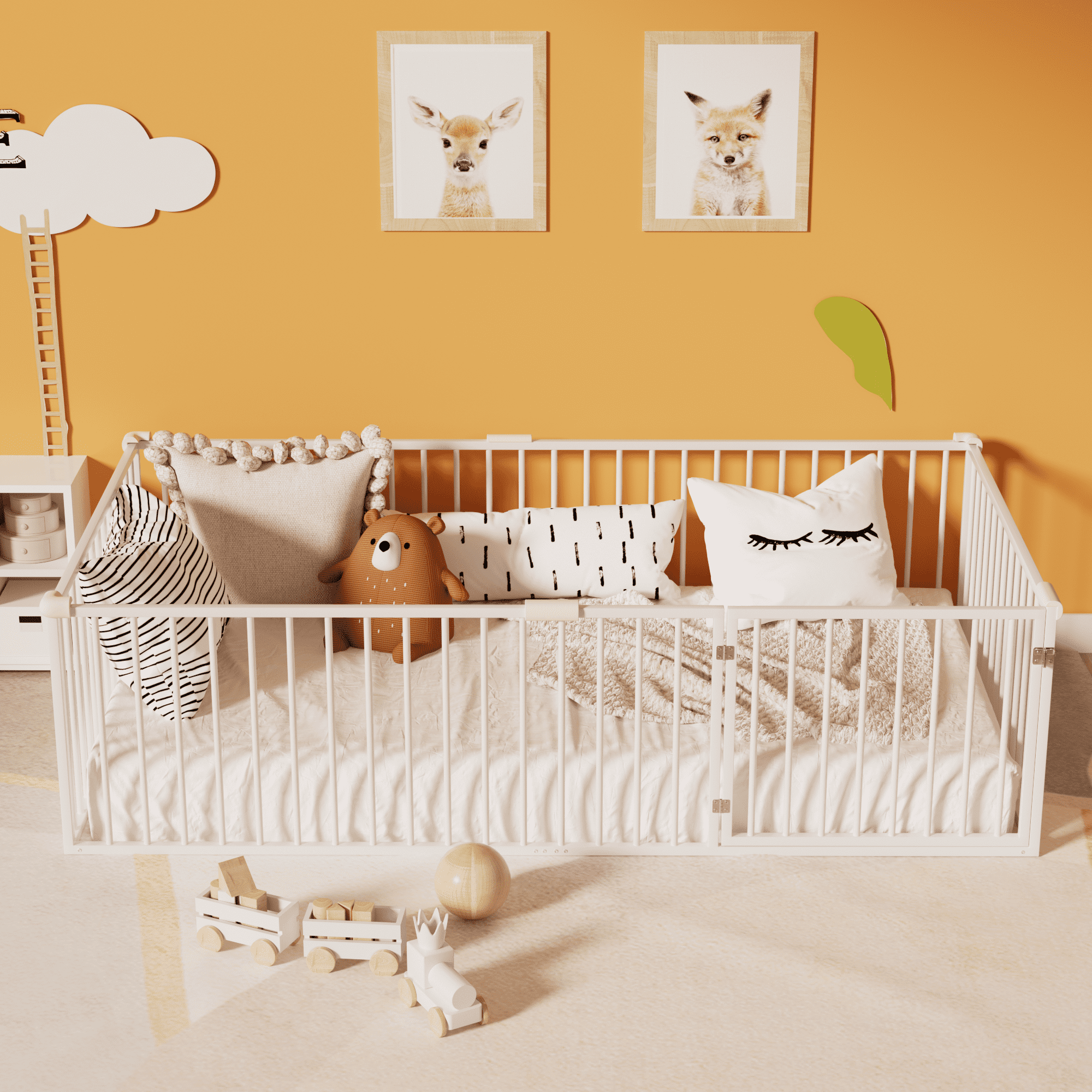 Twin Size Minimalist Metal Floor Bed Frame, Montessori Bed with Fence and Door, Low Children Bed for Boy & Girl, White