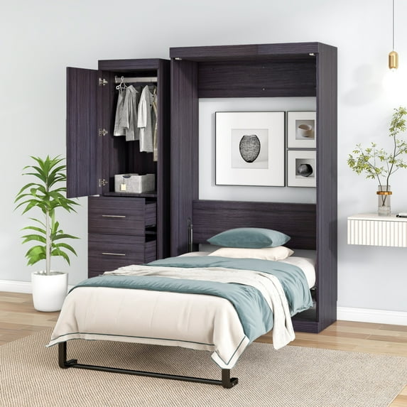 Twin Size Murphy Bed, Multifunctional Storage Bed Wall Bed with 3 Drawers and Wardrobe, Can be Folded into a Cabinet, Ideal for Small Spaces Place, No Box Spring Needed, Gray