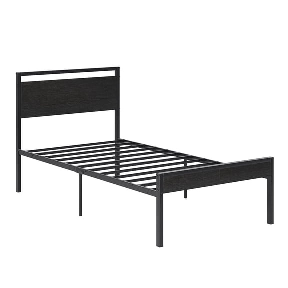 Twin Size Modern Metal Platform Bed Frame with Black Oak Wooden Headboard and Footboard, Heavy Duty Steel Slat Support, No Box Spring Needed, Noise-Free, Easy Assembly, Sleek Charcoal Black