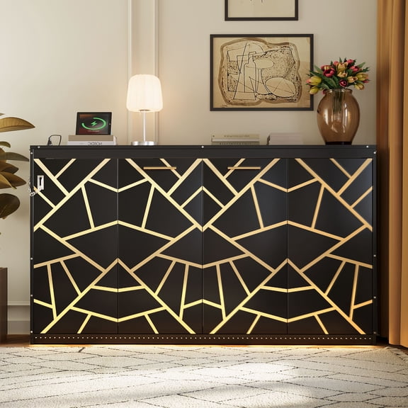 Twin-Size Modern Side-Folding Murphy Bed with Trendy Printed Pattern, LED Under-Bed Lighting & Built-In USB Outlet  Space-Saving Design-Black