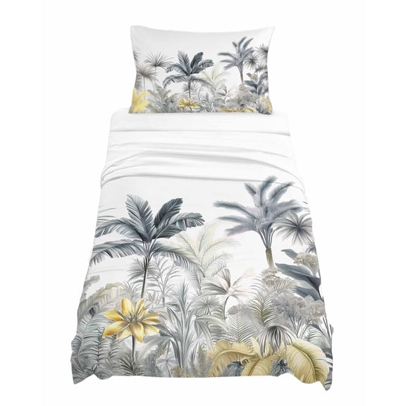 Twin Size Monstera Palm Tree Sheet Sets Tropical Plant Yellow Grey Hand Drawn Soft Breathable Microfiber Bed Sheets Deep Pockets 4 Piece Bed Sheets Set, 1 Fitted Sheet, 1 Flat Sheet & 1 Pillowcases