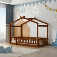thumbnail image 1 of Twin Size Montessori Bed, Pine Wood House Bed Frame with Roof & Full-length Guard Rails, Play House Floor Bed for Boys, Girls, Teen, No Box Spring Needed, Walnut, 1 of 7