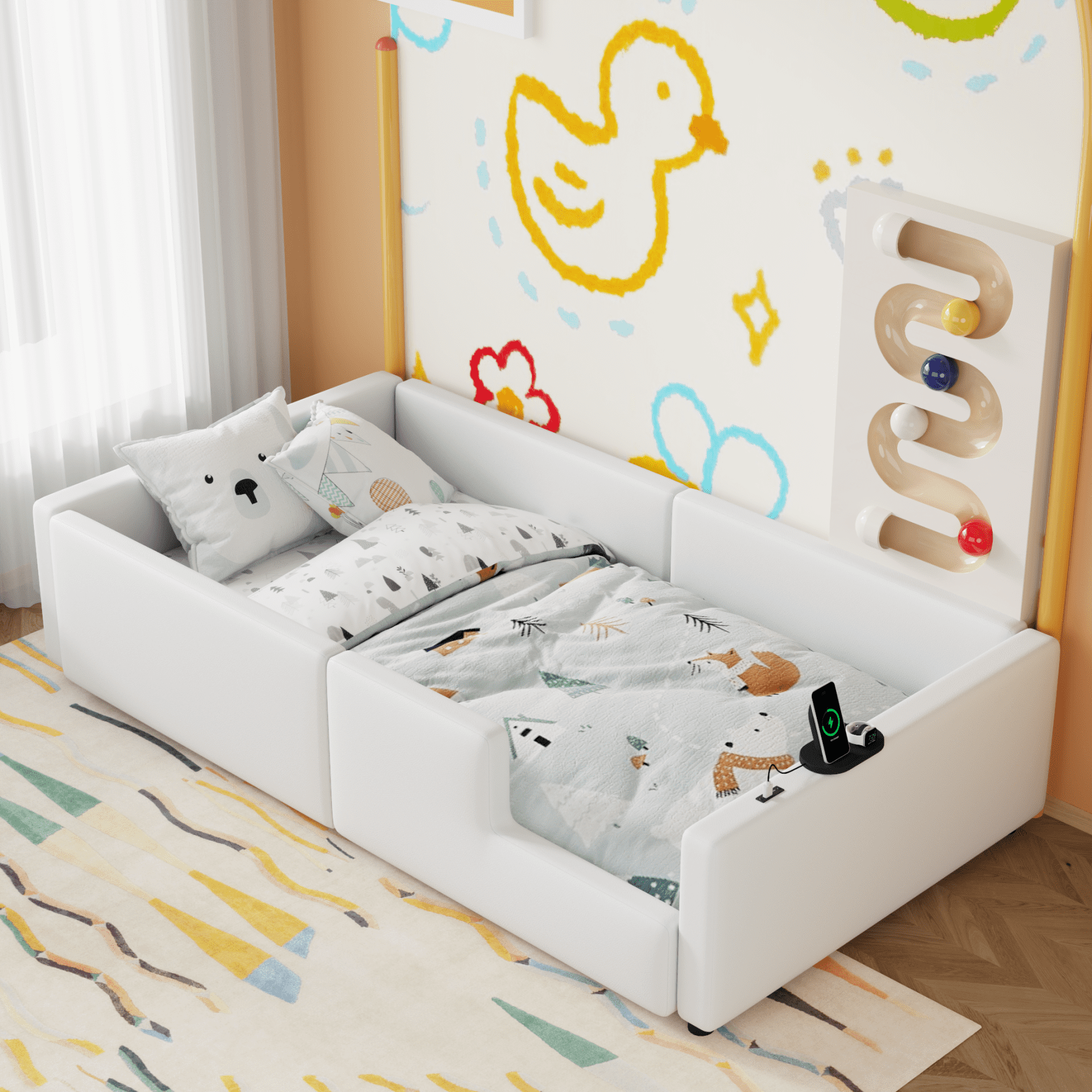 Twin Size Montessori Bed, Upholstered Floor Platform Bed with Charging Station and Guardrails, Montessori Floor Bed for Girls and Boys, White