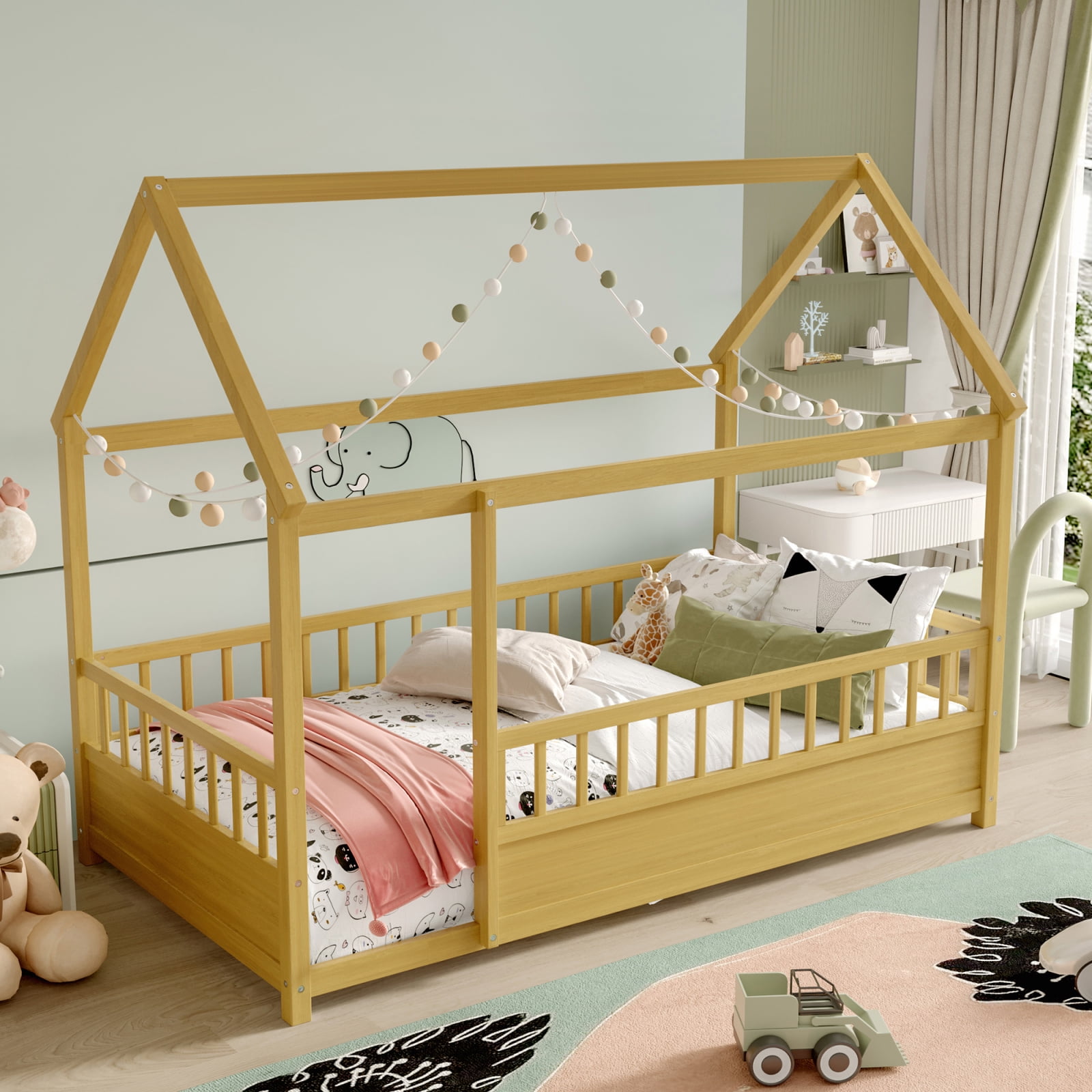 Twin Size Montessori Bed, Wooden Floor House Bed with 20" High Fence and Roof, Montessori Floor Beds Without Slats for Boys,Girls, Natural