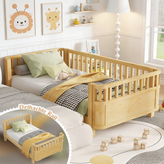 Twin Size Montessori Bed with Detachable Rails, Solid Wood Low-Profile Platform Bed with Fence, No Box Spring Needed (Natural)