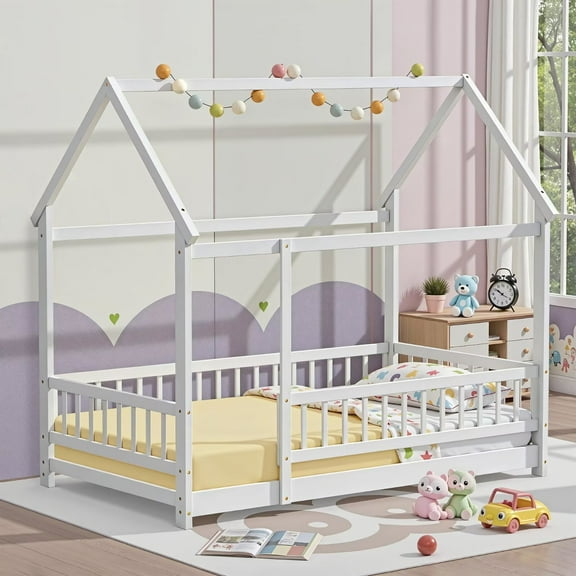 Twin Size Montessori Floor Bed Frame with Slats and Fence, Wooden House Bed for Boys Girls Bedroom, White