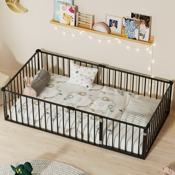 Twin Size Montessori Floor Bed, Heavy Duty Metal Floor Bed Frame with Safety Fence and Door, Montessori Floor Bed Frame for Boys and Girls, Black