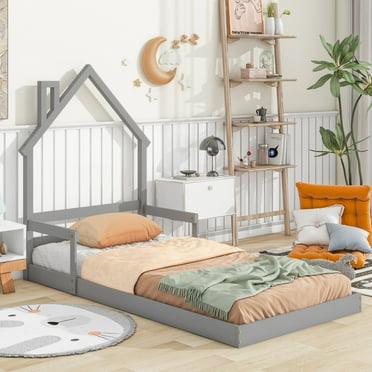 Twin Size Montessori Floor Bed with House-shaped Headboard, Wooden Bed Frame with Handrails and Slats Support, for Kids Boy Girls, Easy to Assemble, No Box Spring Needed, Grey