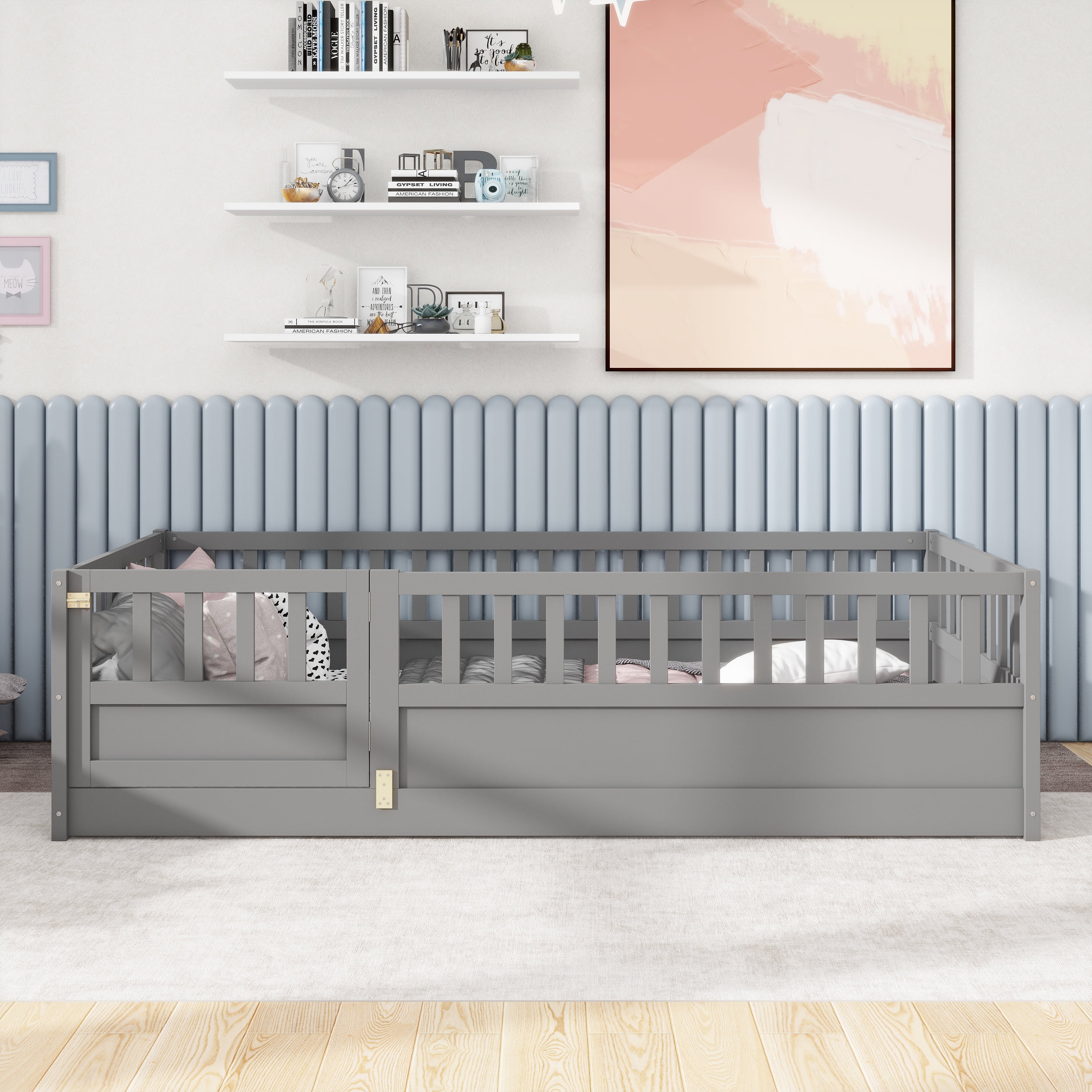 Twin Size Montessori Floor Bed, Pine Wood Floor Bed Frame with 21.46" High Fence & Clockwise Door, Safety Barrier Kids Floor Bed