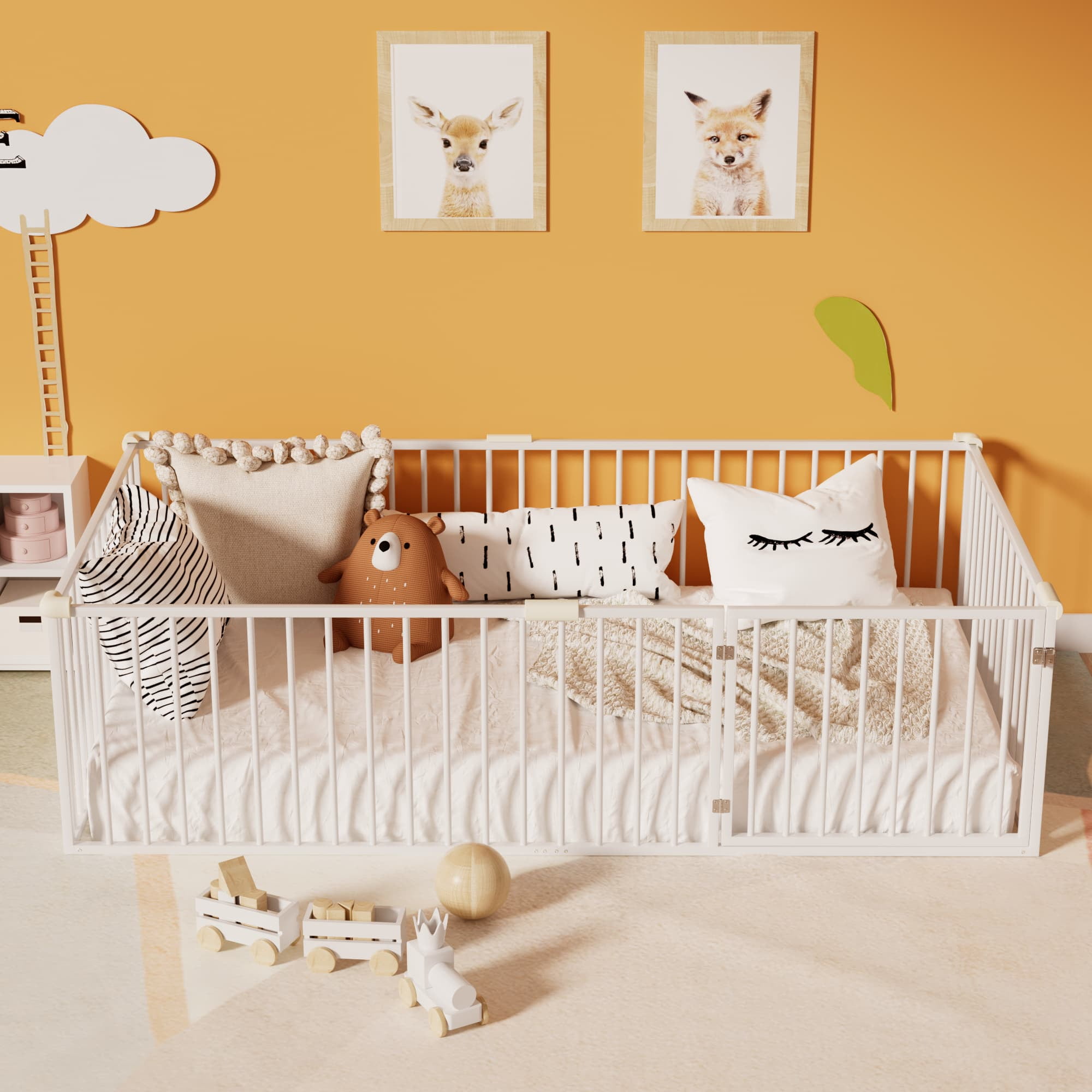 Twin Size Montessori Floor Bed with Safety Fence and Door, Metal Floor Bed Frame with Rails, Minimalist Versatile Floor Bed for Children Bedroom, Toddlers, Boys Girls, Kids Playroom, White