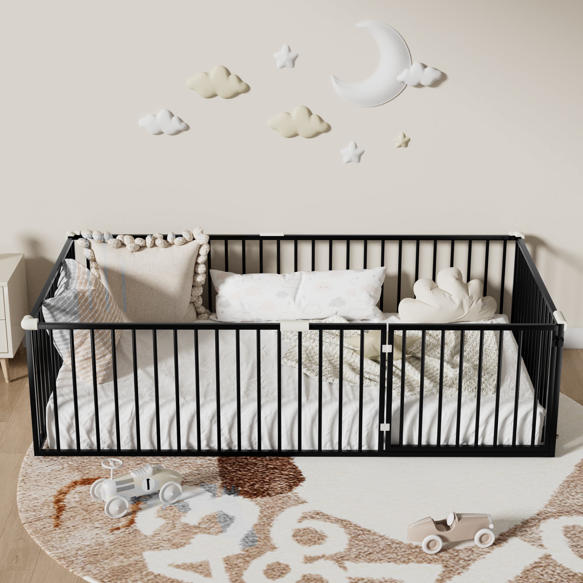 Twin Size Montessori Floor Bed with Safety Fence and Door, Metal Floor Bed Frame with Rails, Minimalist Versatile Floor Bed for Children Bedroom, Toddlers, Boys Girls, Kids Playroom, Black