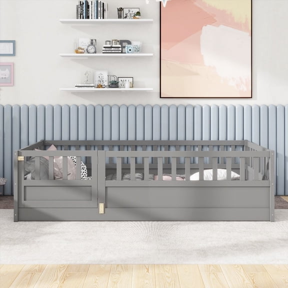 Twin Size Montessori Floor Bed | Super High Security Barrier, Grey