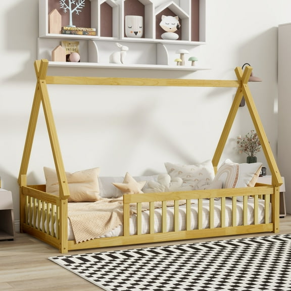 Twin Size Montessori Floor Bed, Tent-Shaped Floor House Bed with Fence and Open Entrance, Supports Slats for Boys Girls, No Spring Box Required, Natural