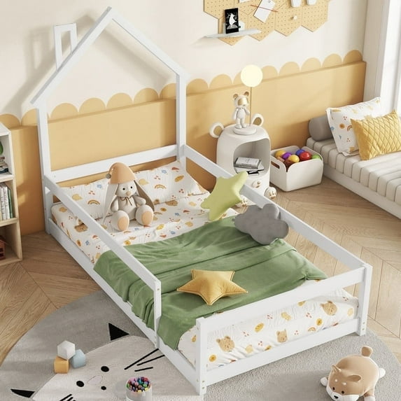 Twin Size Montessori Floor Bed with House-Shaped Headboard and Safety Rails,Wood Bed Frame for Kids, Boys, and Girls , White
