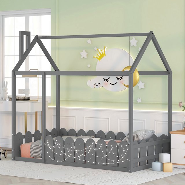 Twin Size Montessori Toddler Bed, Wood House Floor Bed with Fence