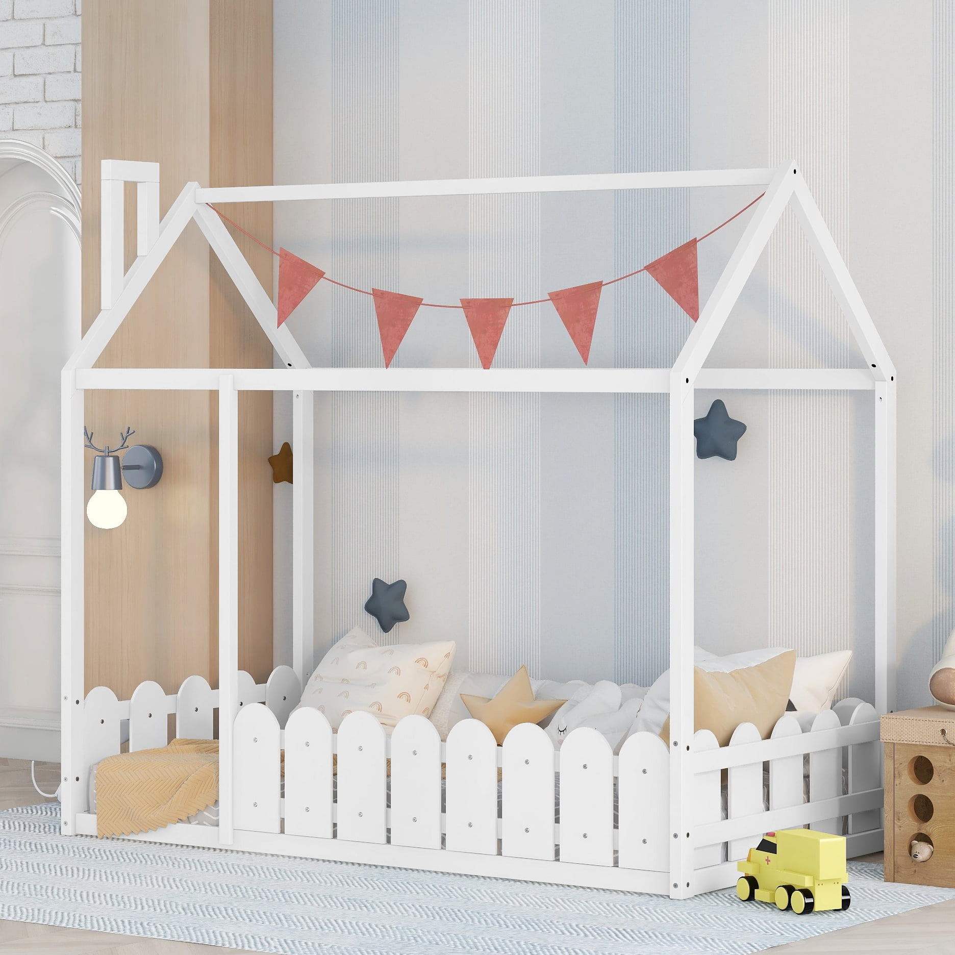 Twin Size Montessori Toddler Bed, Wood House Floor Bed with Fence