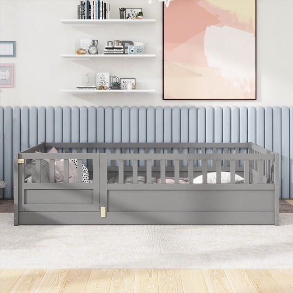 Twin Size Montessori Wooden Floor Bed - Integral & Grey, High Safety Barrier & Door