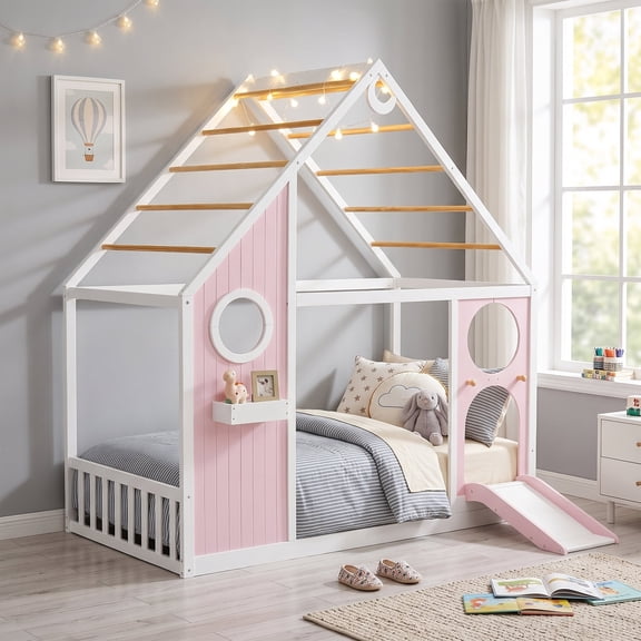 Twin Size Montressori House Bed with Slide, Wooden House Floor Bed with Color-Block Design & Ball Light Strip, Playhouse Bed Frame, Pink