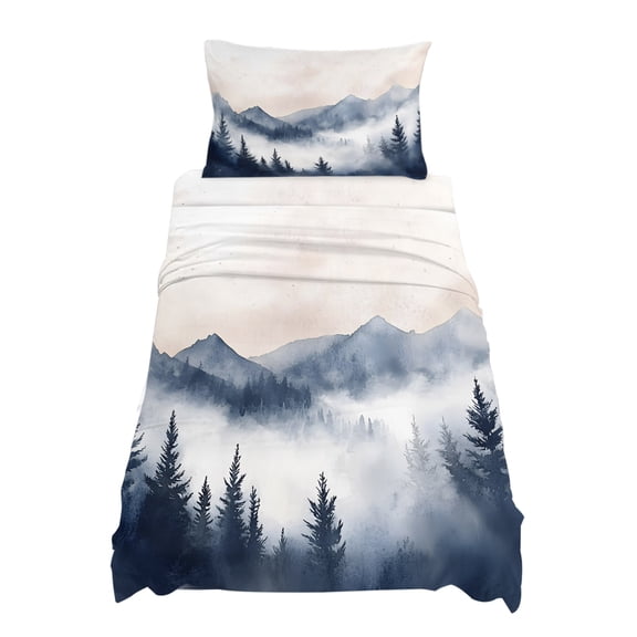 Twin Size Mountain Landscape Peak Sheet Sets Forest Tree Silhouette Soft Breathable Microfiber Bed Sheets Deep Pockets 4 Piece Bed Sheets Set, 1 Fitted Sheet, 1 Flat Sheet & 1 Pillowcases
