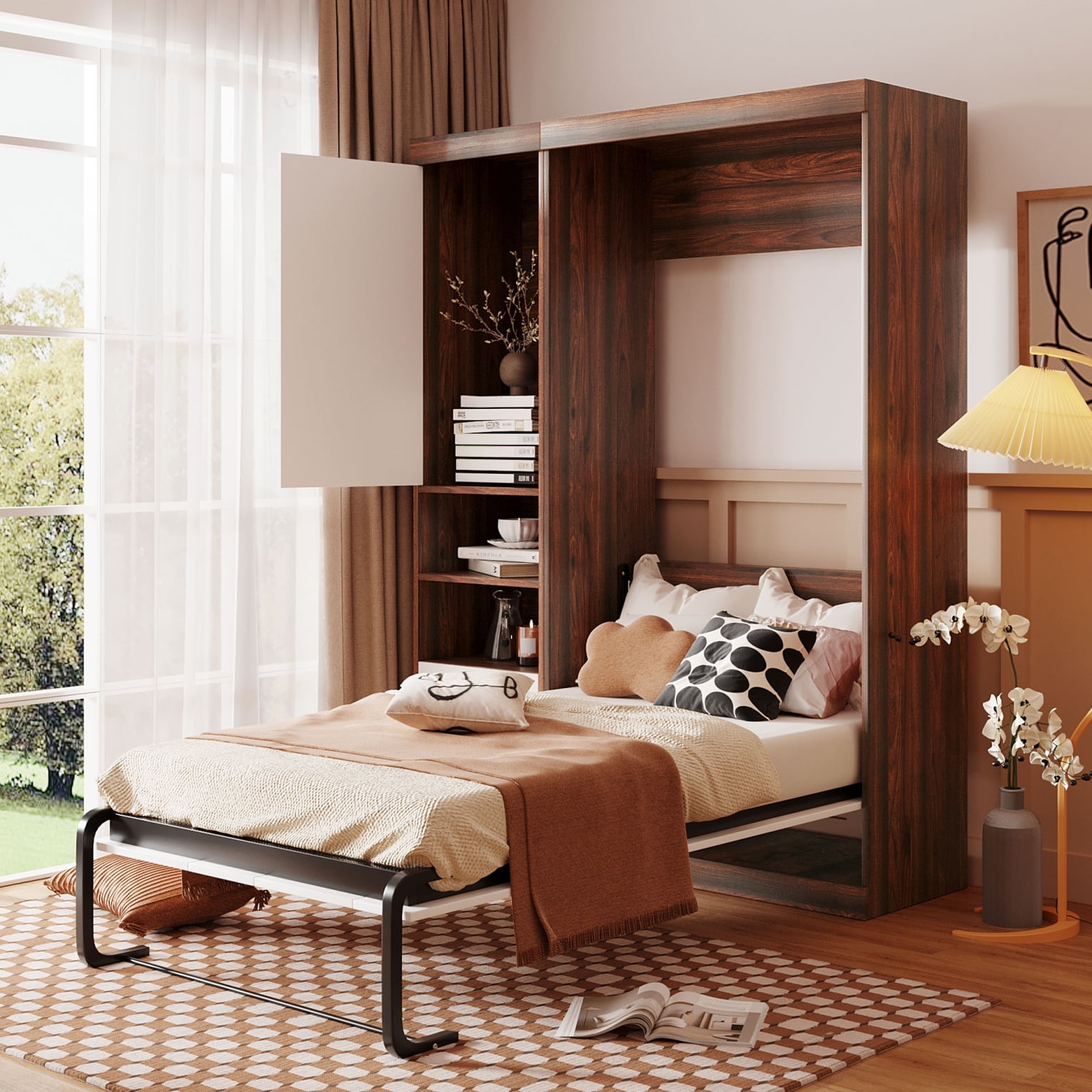 Twin Size Multi Functional Murphy Bed with Side Storage Cabinet Wooden Platform Bed Frame Space Saving Wall Bed for Guest Room Office No Box Spring
