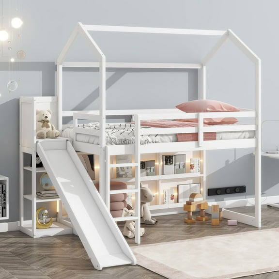 Twin Size Multifunctional High Loft Bed with Slide, Storage shelves and Light, Sturdy Wooden Loftbed Frame with Ladder & Safety Guardrail for Teens Bedroom, Space Saving Design
