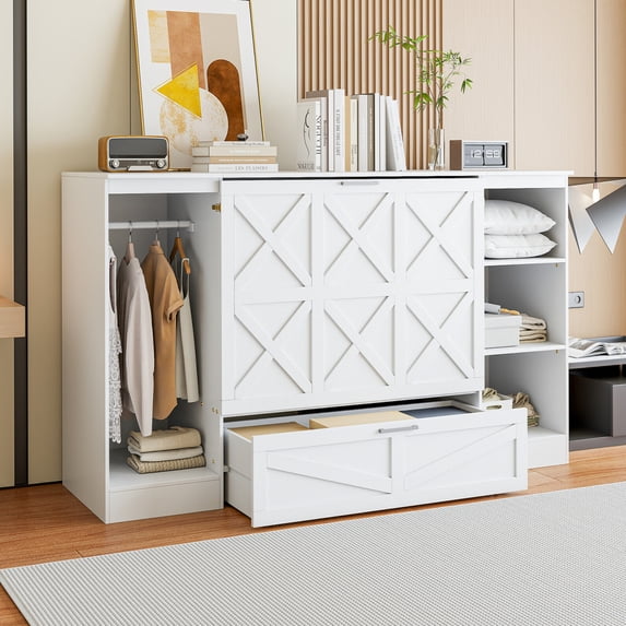 Twin Size Murphy Bed with 3-Tier Shelves and Wardrobe, Foldable Platform Bed with 1 Drawer, Vertical Wall Bedframe for Small Space, Bedroom, Guest Room, White