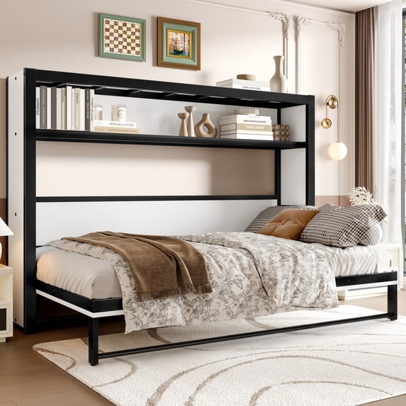 Twin Size Murphy Bed, Foldable Murphy Bed Chest with Open Shelves, Space-Saving Wall Bed Cabinet for Bedroom, Guest Room, Off White