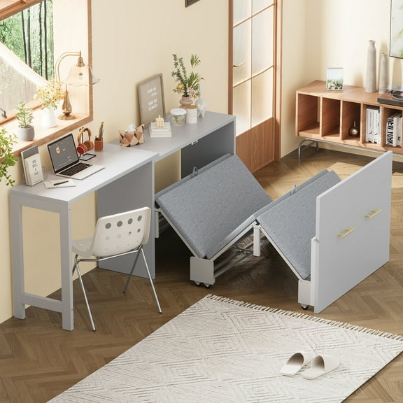 Twin Size Murphy Bed with Rotable Desk, Murphy Chest Dresser Bed with Foldable Cushion, Space-Saving Wooden Hideaway Bed Wall Bed for Small Space, Gray