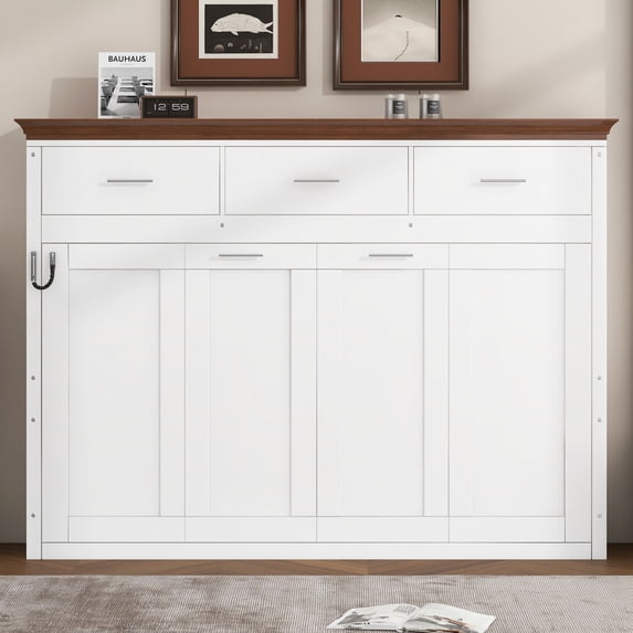 Twin Size Murphy Bed with 3 Storage Drawers and Open Shelf, Space Saving Wall Bed Cabinet for Small Rooms, White Finish