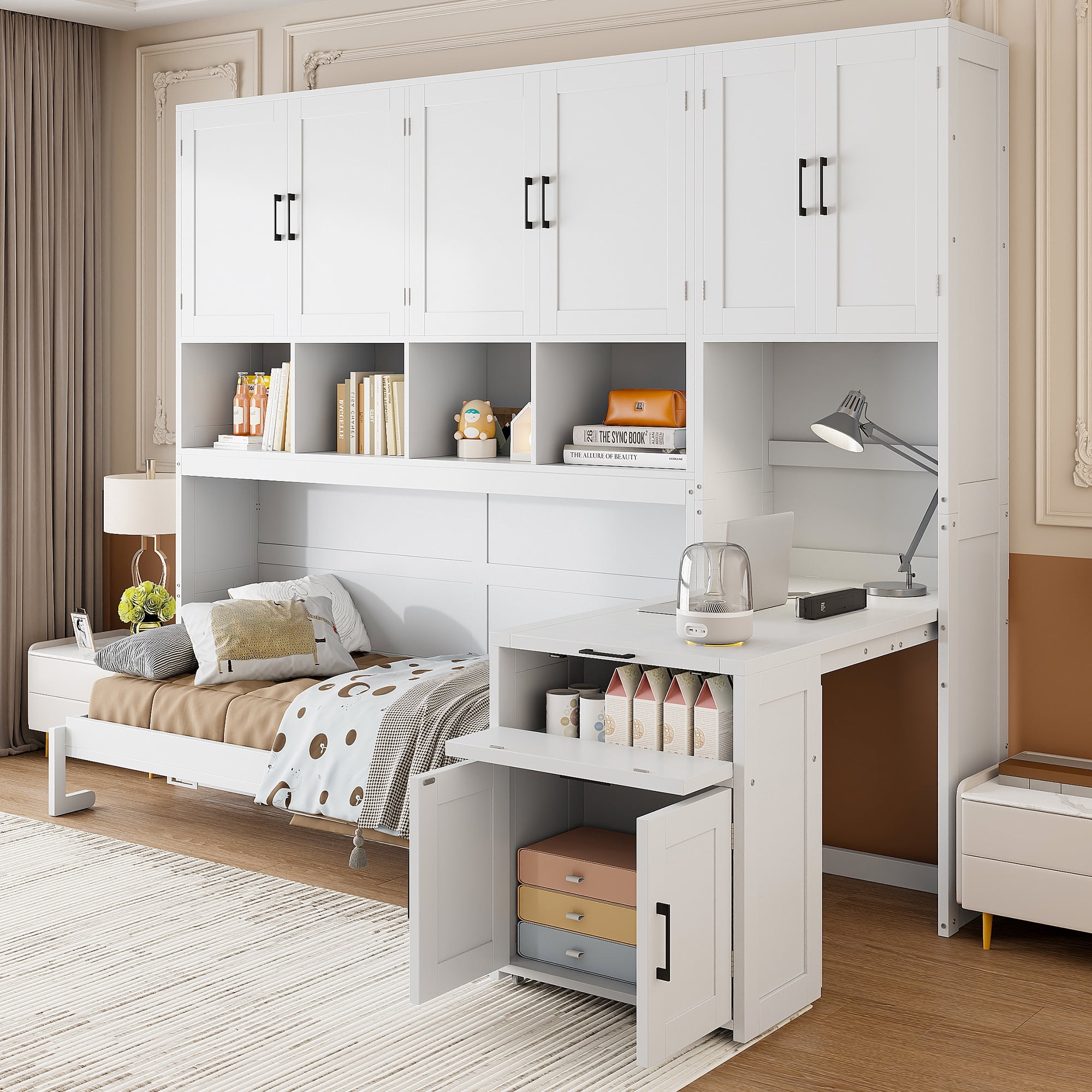 Twin Size Murphy Bed with Closet, Writing Desk, Storage Shelves for Space-Saving Guest Room