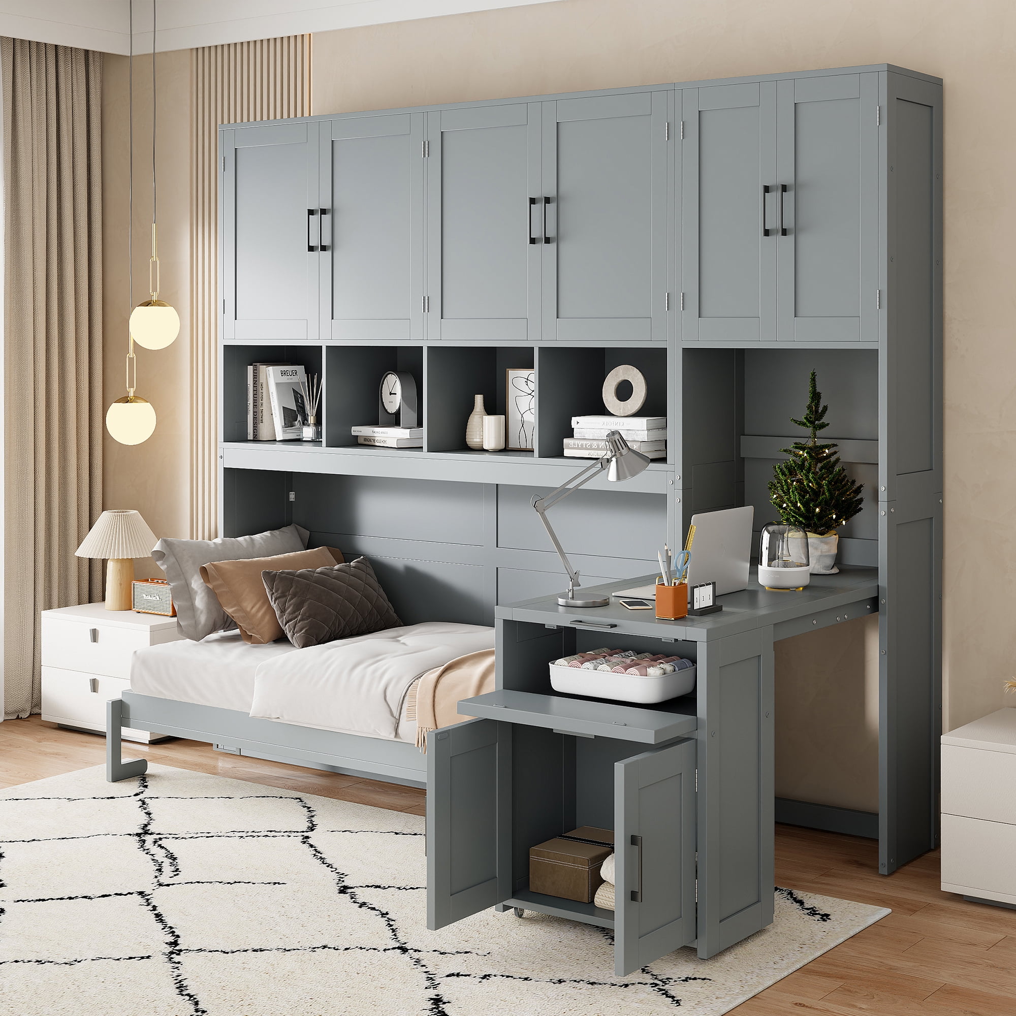 Twin Size Murphy Bed with Closet, Writing Desk, Storage Shelves for Space-Saving Guest Room