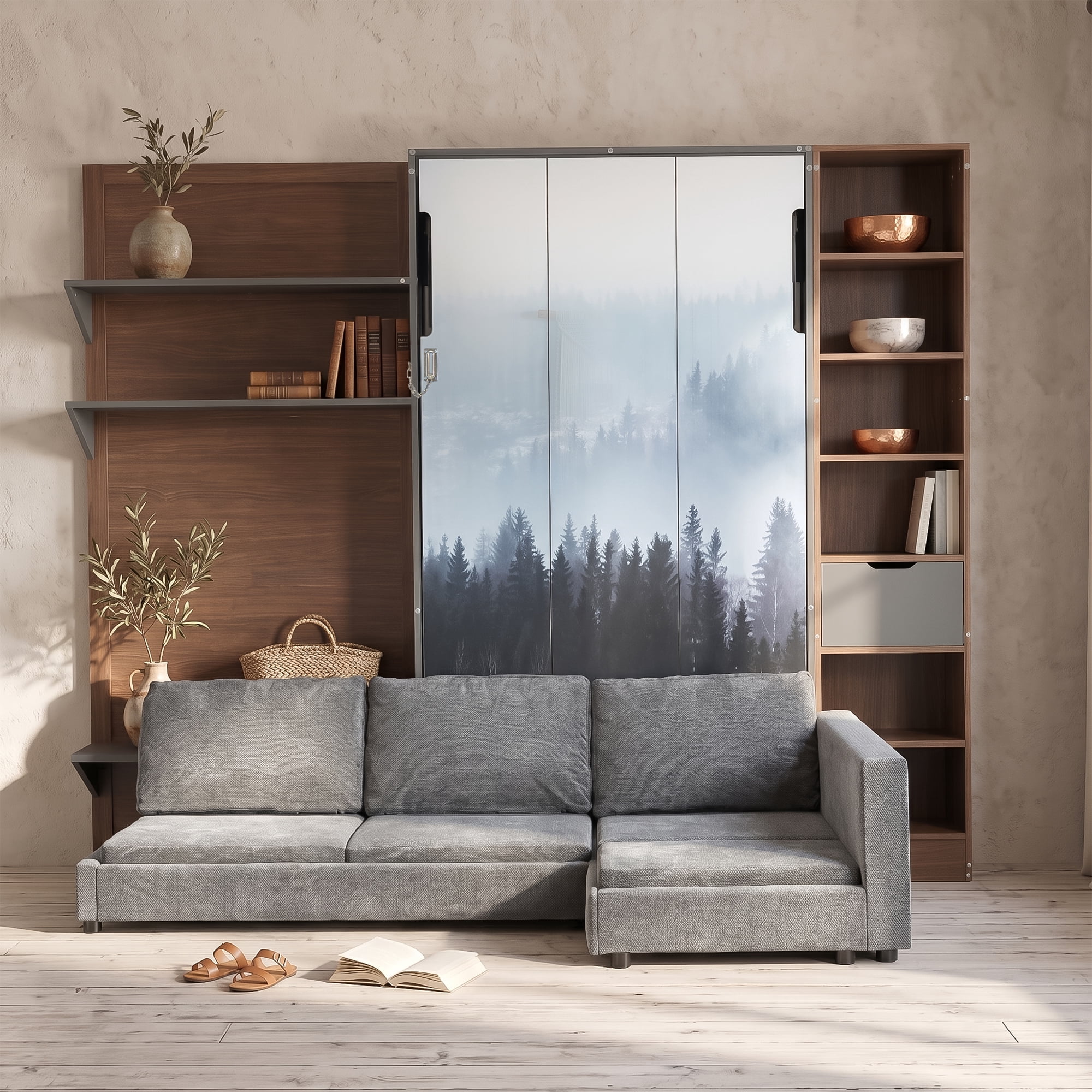 Twin Size Murphy Bed with SOpen Shelf, USB Port, L Shape Sofa, Space-Saving for Small Space, Guest Room