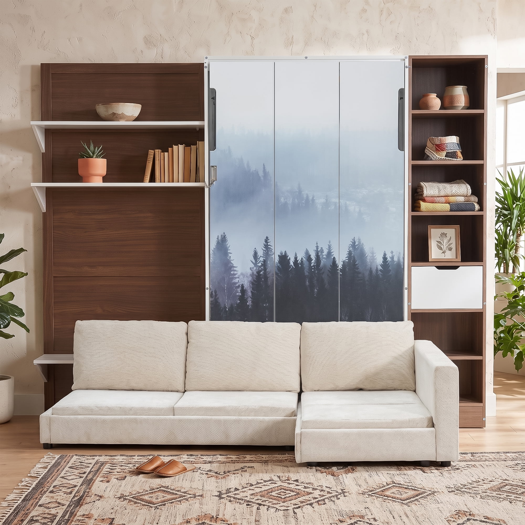 Twin Size Murphy Bed with SOpen Shelf, USB Port, L Shape Sofa, Space-Saving for Small Space, Guest Room