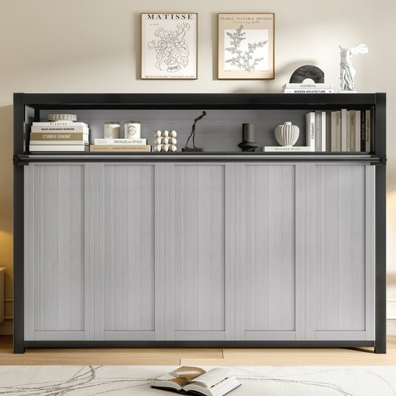 Twin Size Murphy Bed with Shelves, Space Saving Wall Bed, Foldable Metal Frame Bed with Built-in Shelf, Gray Wall Mount Bed for Small Spaces