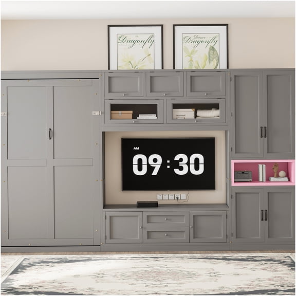 Twin Size Murphy Bed with TV Stand and Storage, Space Saving Wall Bed for Small Rooms, Gray Finish