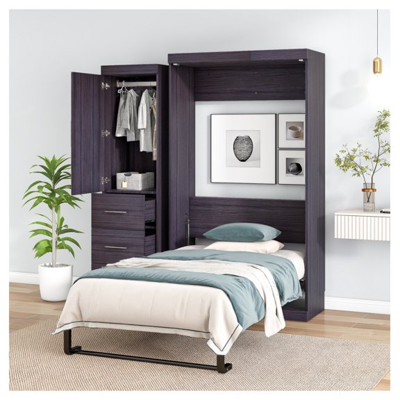 Twin Size Murphy Bed with Wardrobe & Drawers, Gray, Foldable Storage Bed
