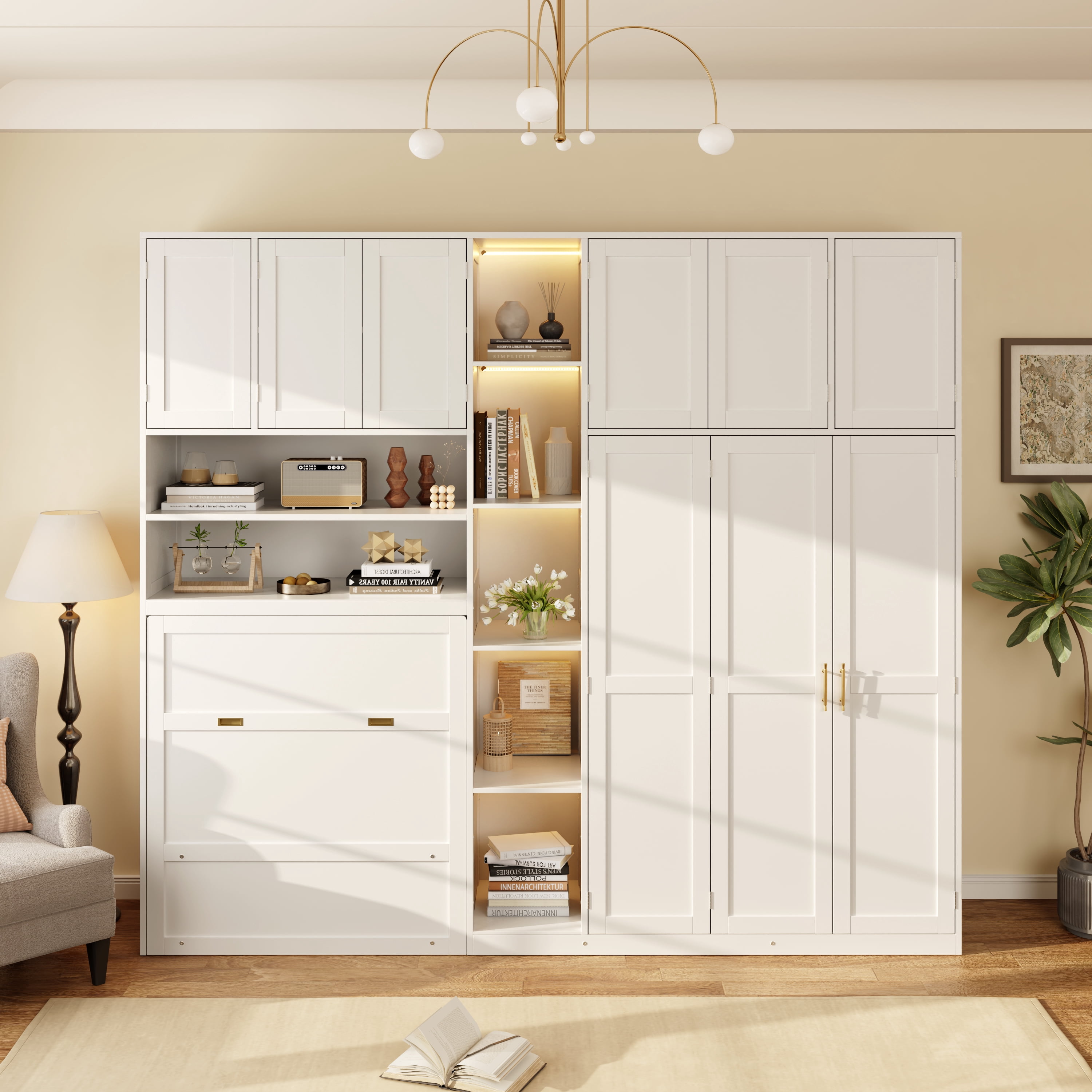 Twin Size Murphy Bed with Wardrobe, Storage Shelves and 5-Tier LED Open Shelves for Small Space, Guest Room