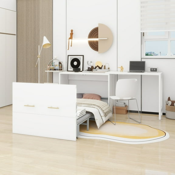 Twin Size Murphy Cabinet Bed with Adjustable Position Desk, Murphy Chest Dresser Bed with Foldable Cushion for Guest Room,Small Space, White
