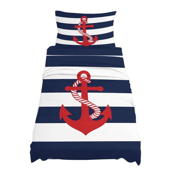 Twin Size Nautical Anchor Sheet Sets Coastal Navy Blue Stripe Soft Breathable Microfiber Bed Sheets Deep Pockets 4 Piece Bed Sheets Set, 1 Fitted Sheet, 1 Flat Sheet & 1 Pillowcases