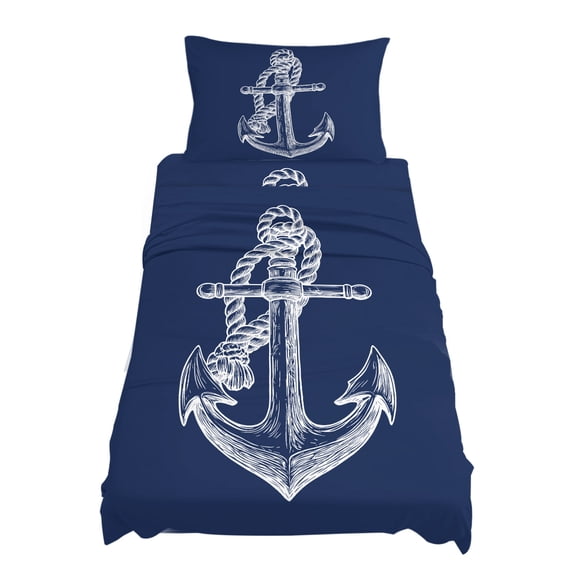 Twin Size Nautical Anchor Sheet Sets Rope Knot Coastal Navy Blue Soft Breathable Microfiber Bed Sheets Deep Pockets 4 Piece Bed Sheets Set, 1 Fitted Sheet, 1 Flat Sheet & 1 Pillowcases